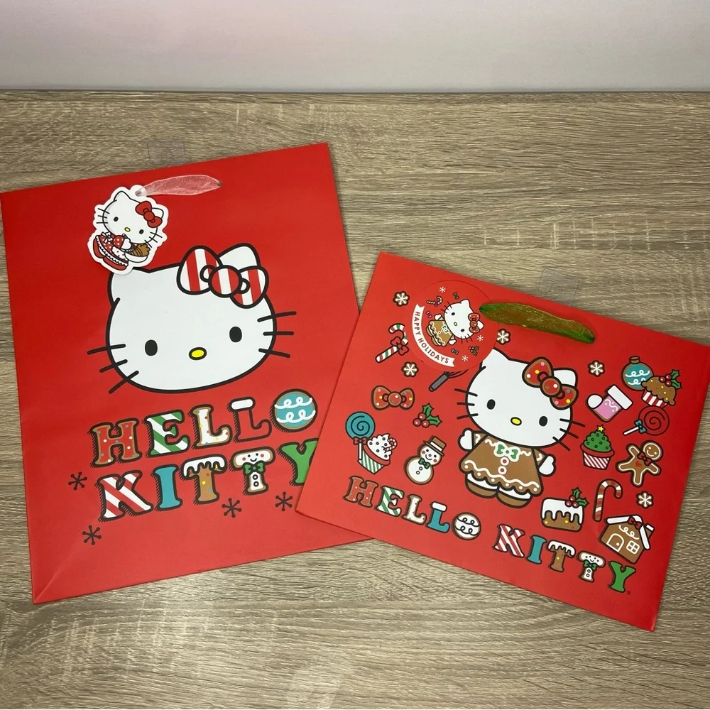 Hello Kitty Red Fun Print Gingerbread Christmas Gift Wrap Bag Bundle NEW